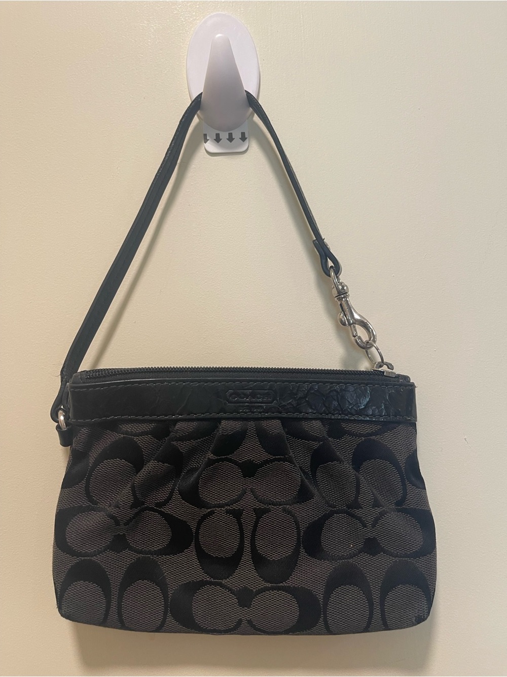 Coach Black Signature pleated Canvas Wristlet with Leather Trim